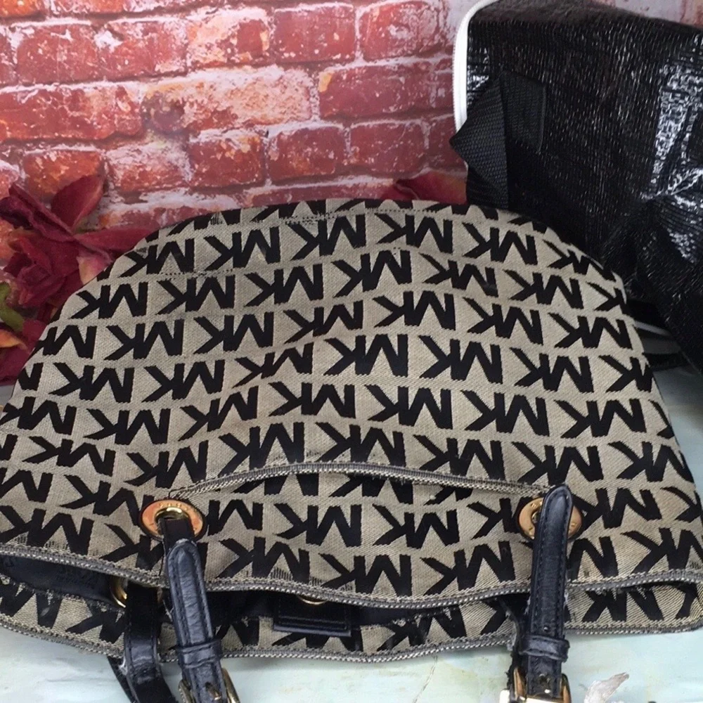 Michael Kors Black and Tan Canvas and LeatherJet Set Signature Logo Tote
